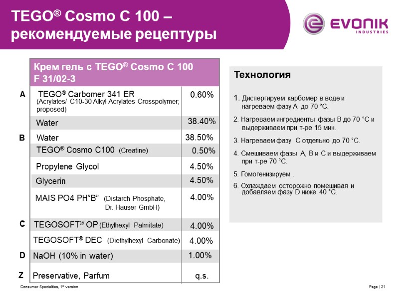 Consumer Specialties, 1st version Page | 21 Glycerin Технология   1. Диспергируем карбомер